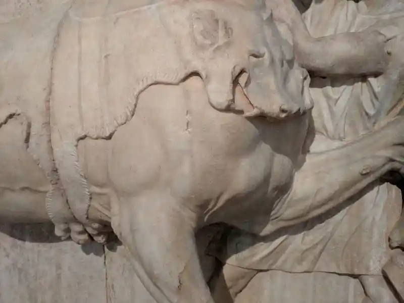 Detail view of carved horse covered with panther skin from ancient Greek Pentelic marble grave relief